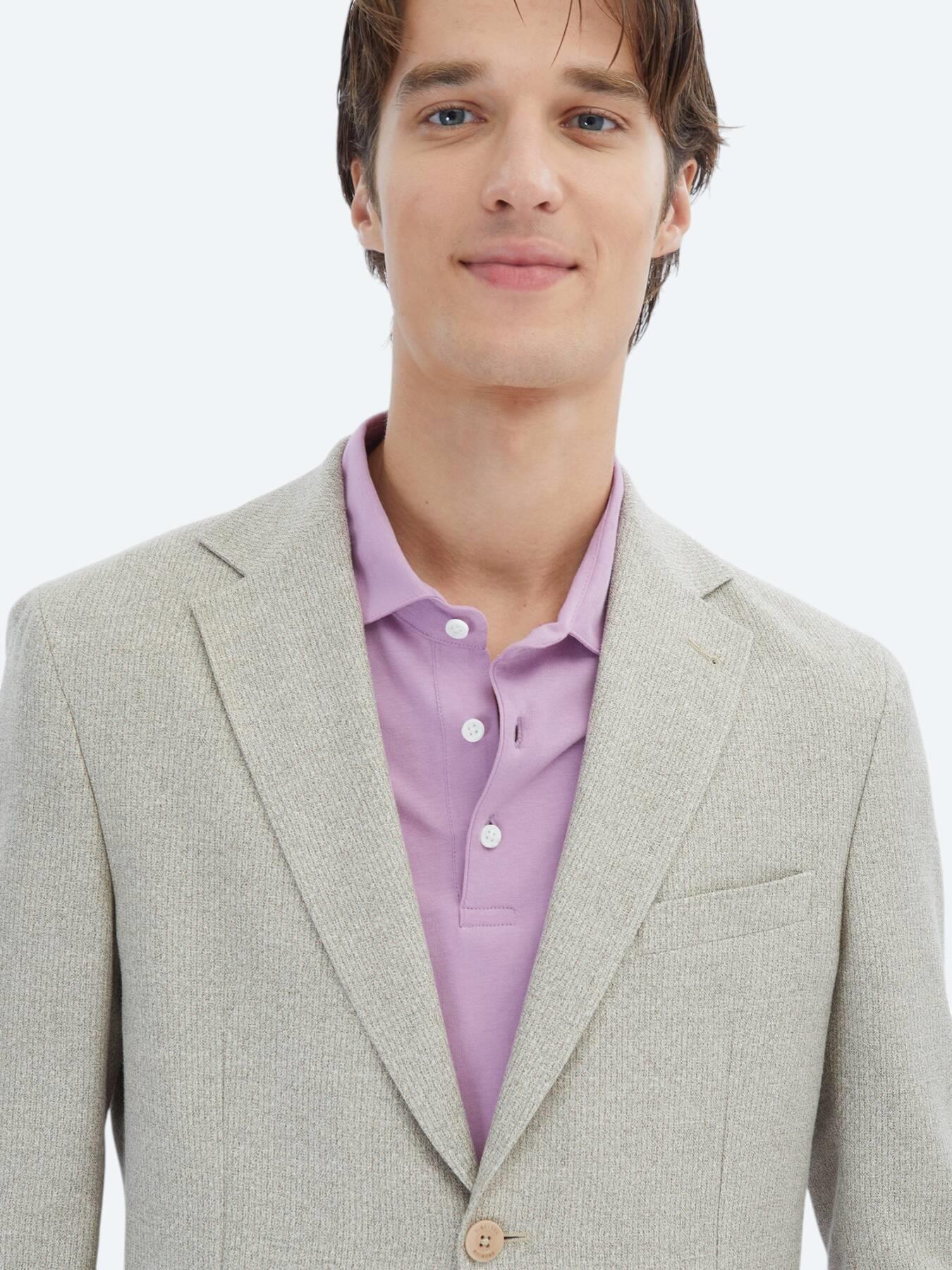 Açık Haki Desenli Modern Fit Keten Karışımlı Ceket