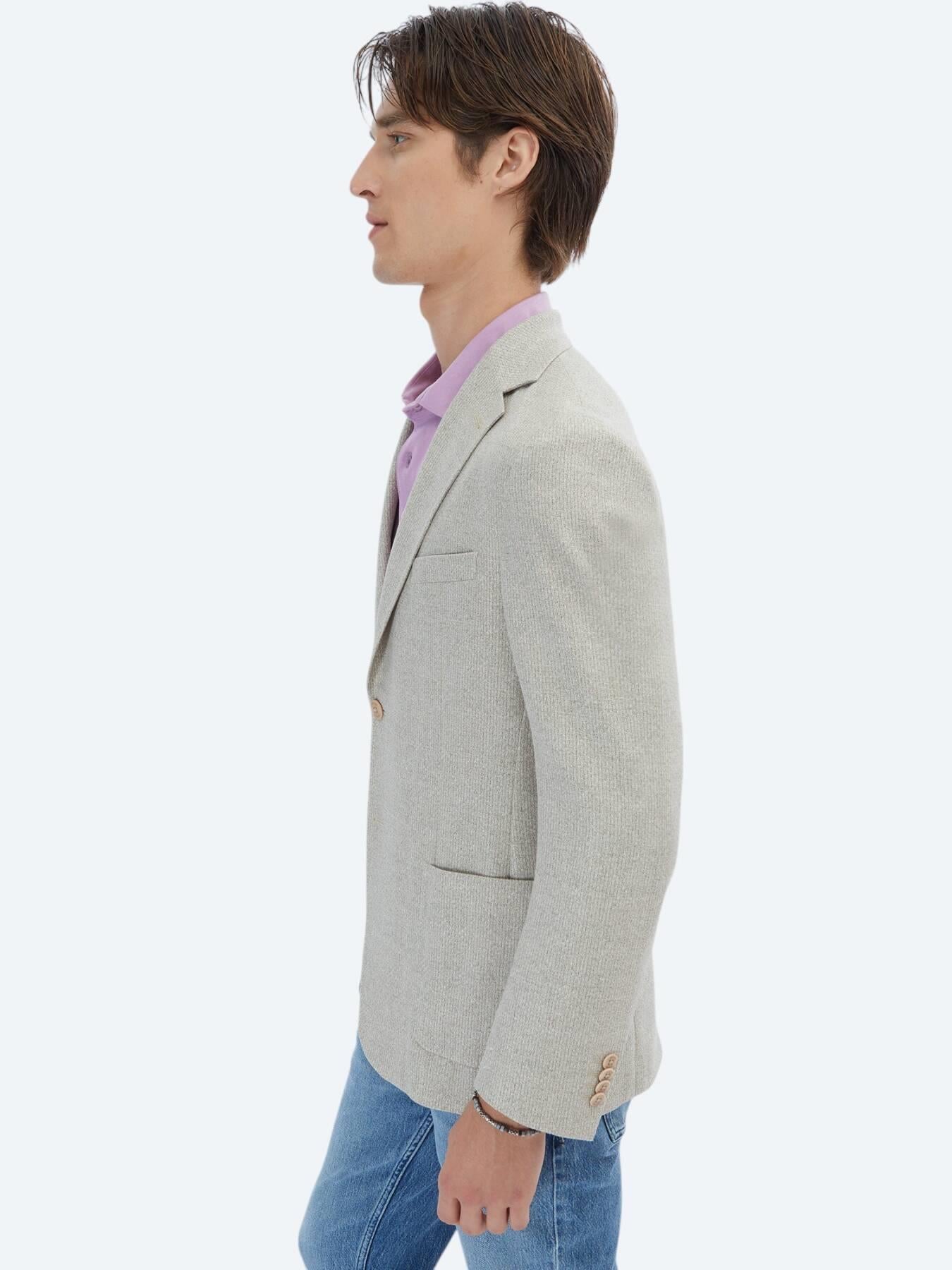 Açık Haki Desenli Modern Fit Keten Karışımlı Ceket