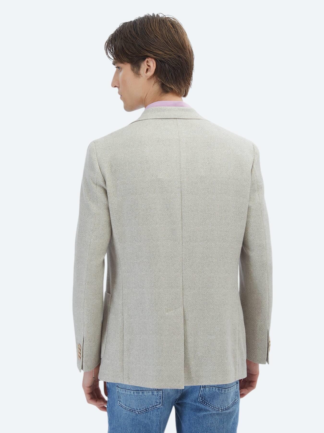 Açık Haki Desenli Modern Fit Keten Karışımlı Ceket