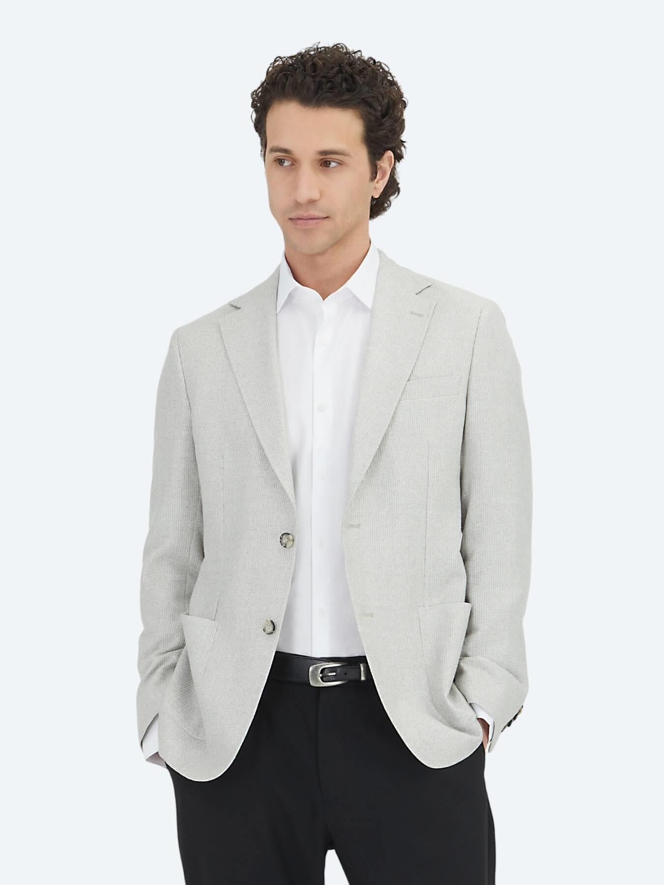 Gri Desenli Modern Fit Keten Karışımlı Ceket