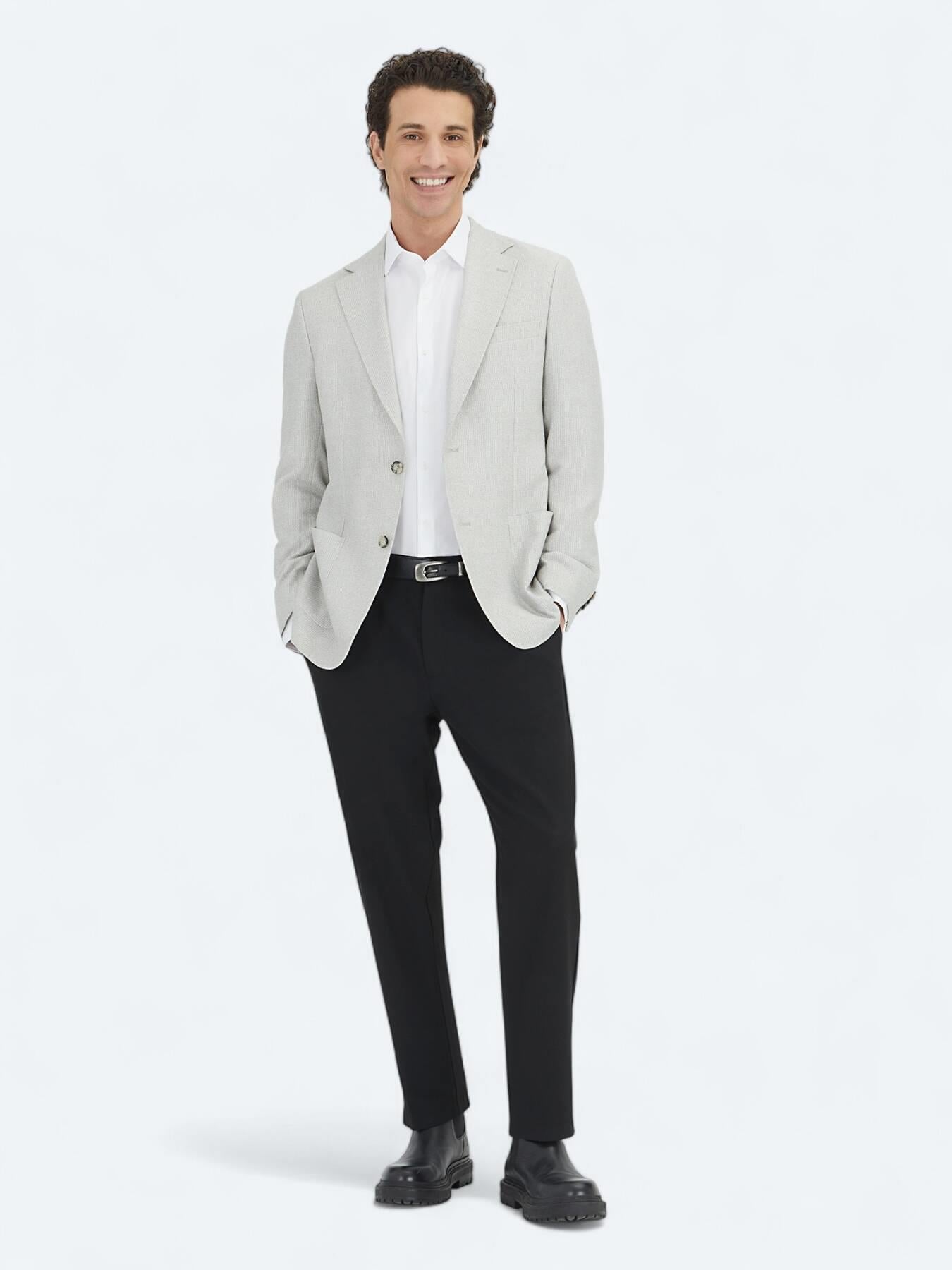 Gri Desenli Modern Fit Keten Karışımlı Ceket