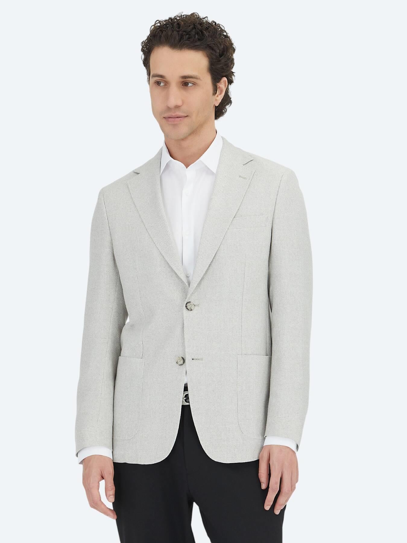 Gri Desenli Modern Fit Keten Karışımlı Ceket