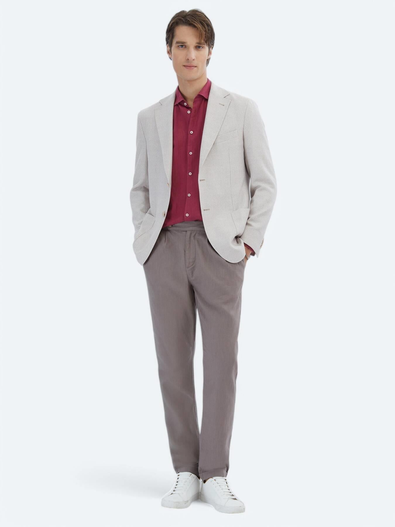 Somon Desenli Modern Fit Keten Karışımlı Ceket