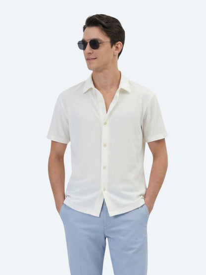 Ekru Desenli Regular Fit Kısa Casual Gömlek