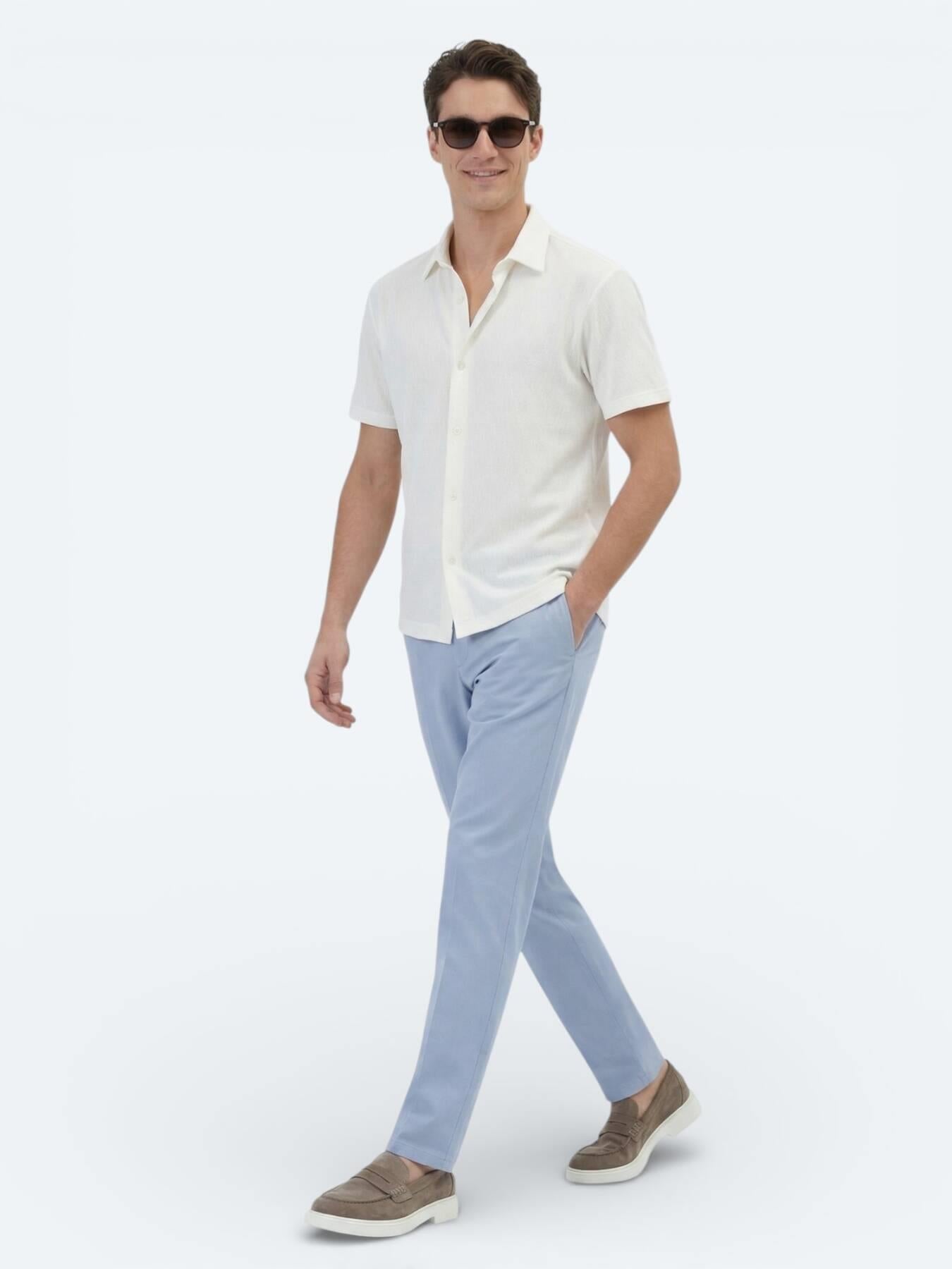 Ekru Desenli Regular Fit Kısa Casual Gömlek