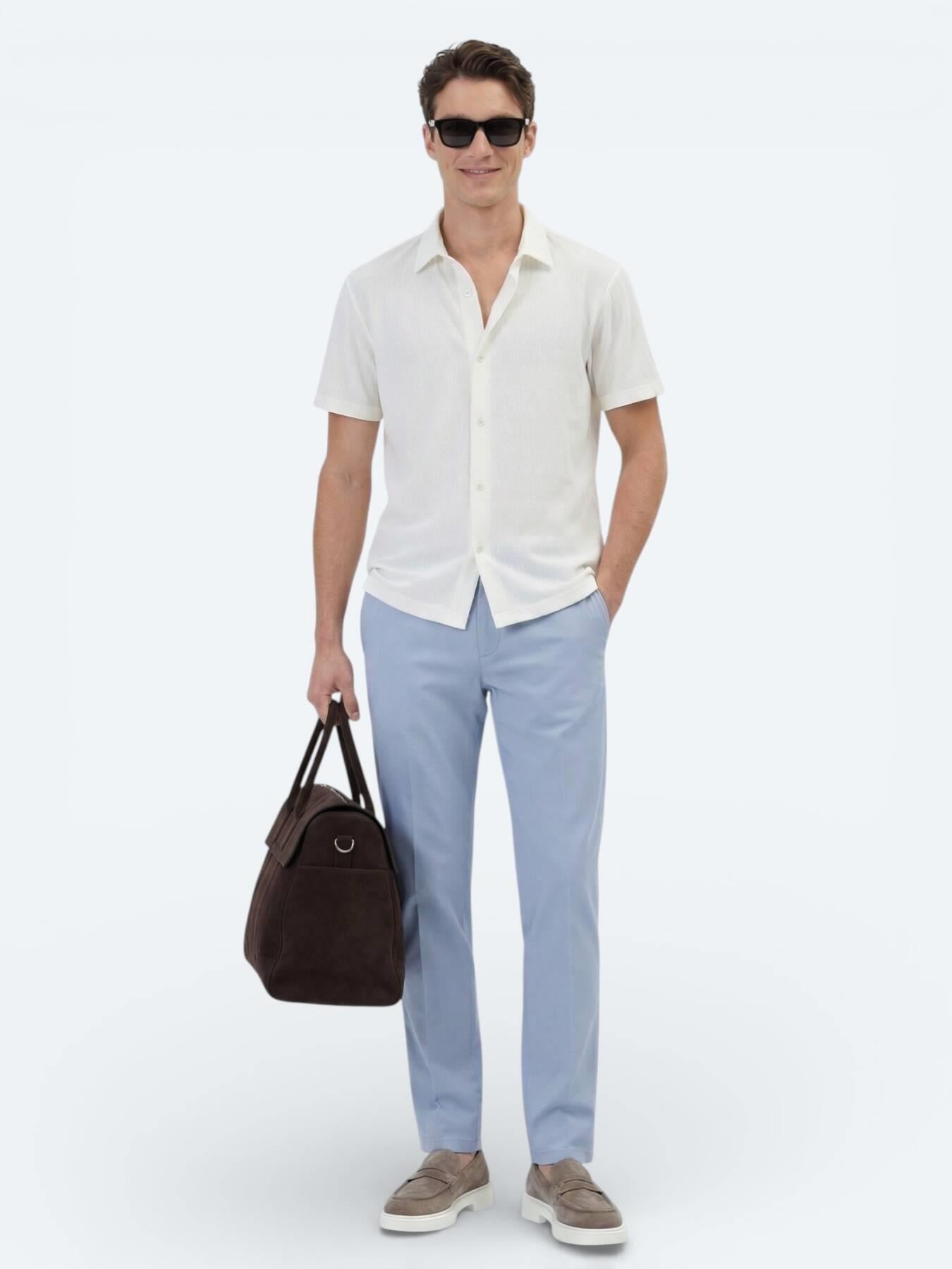 Ekru Desenli Regular Fit Kısa Casual Gömlek