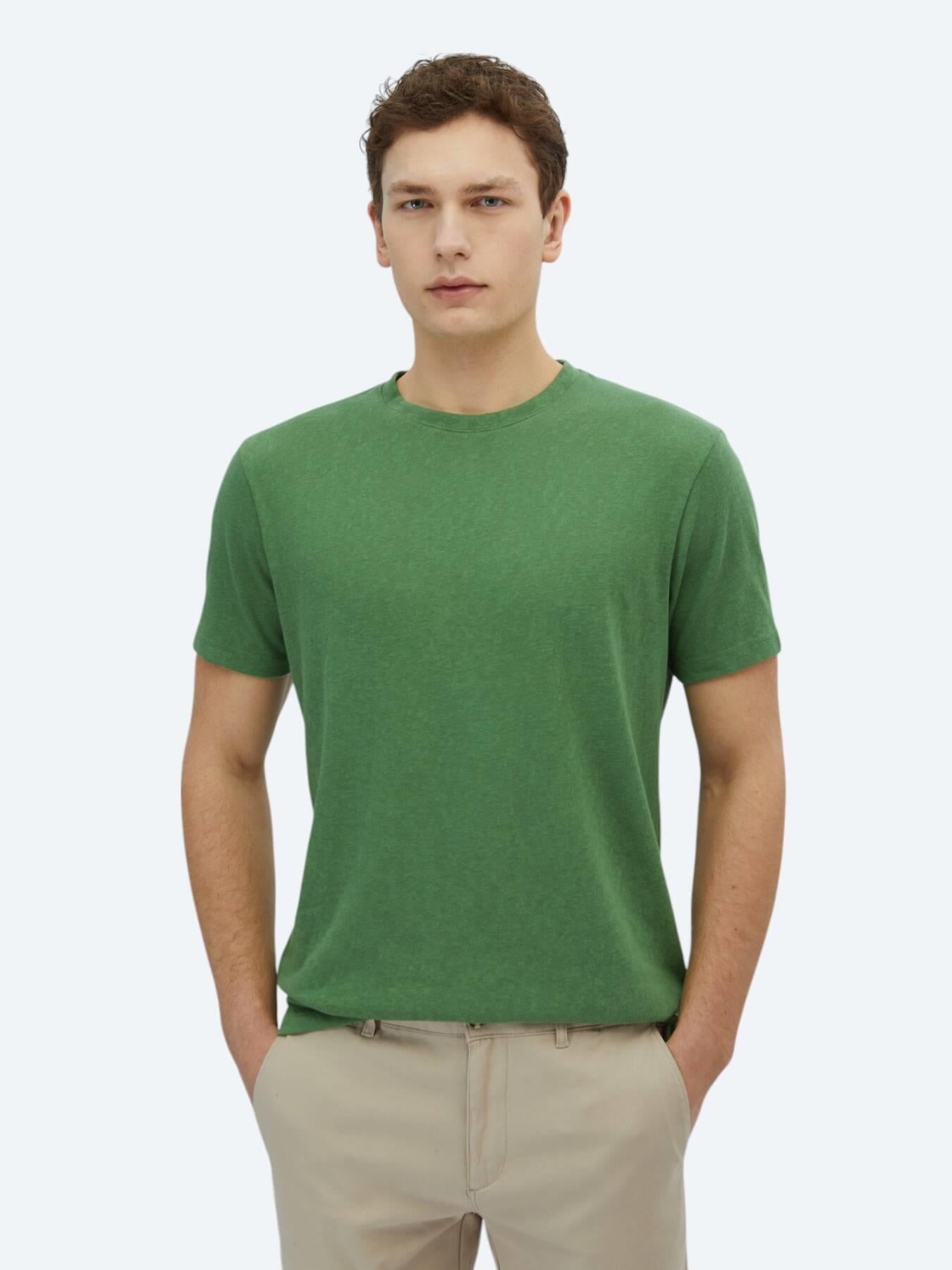 Fıstık Yeşili Düz Bisiklet Yaka Pamuk Karışımlı T-shirt
