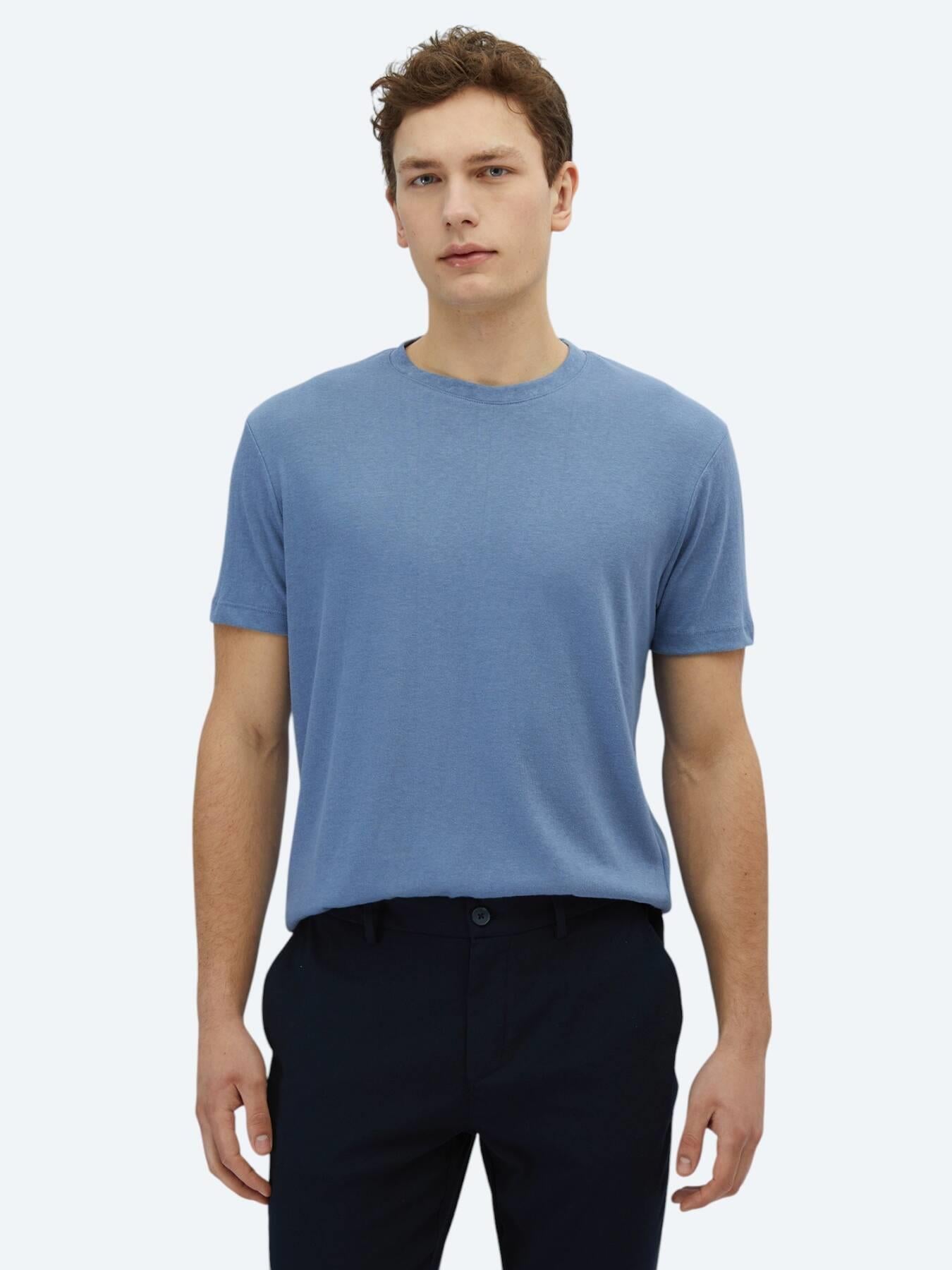 Havacı Mavi Düz Bisiklet Yaka Pamuk Karışımlı T-shirt