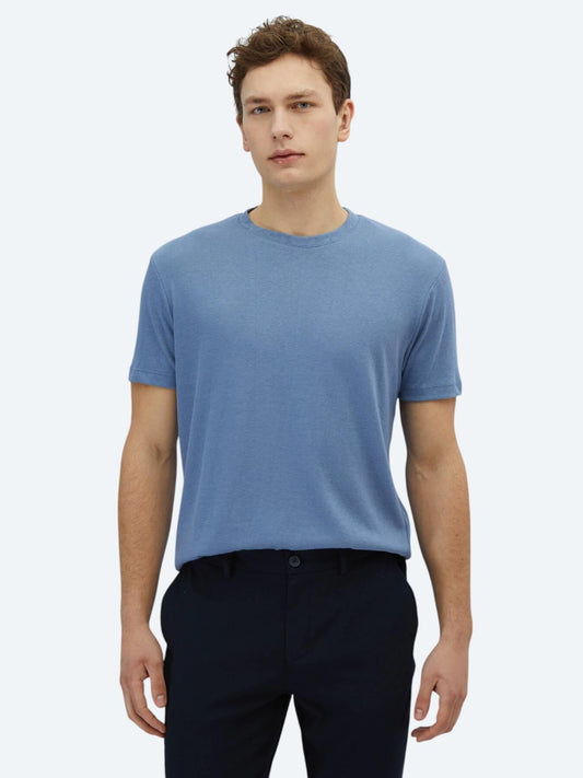 Havacı Mavi Düz Bisiklet Yaka Pamuk Karışımlı T-shirt