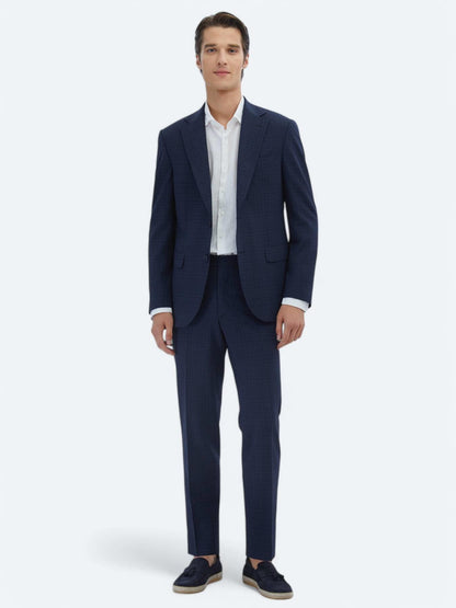 Lacivert Kareli Modern Fit Yün Karışımlı Takım Elbise
