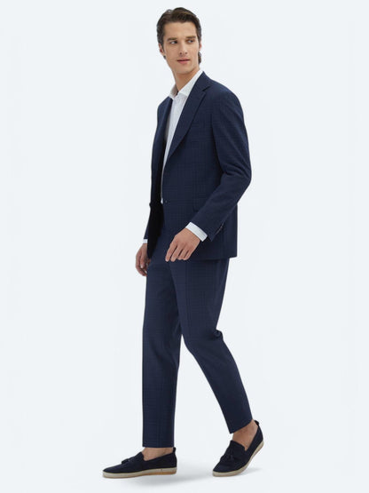 Lacivert Kareli Modern Fit Yün Karışımlı Takım Elbise