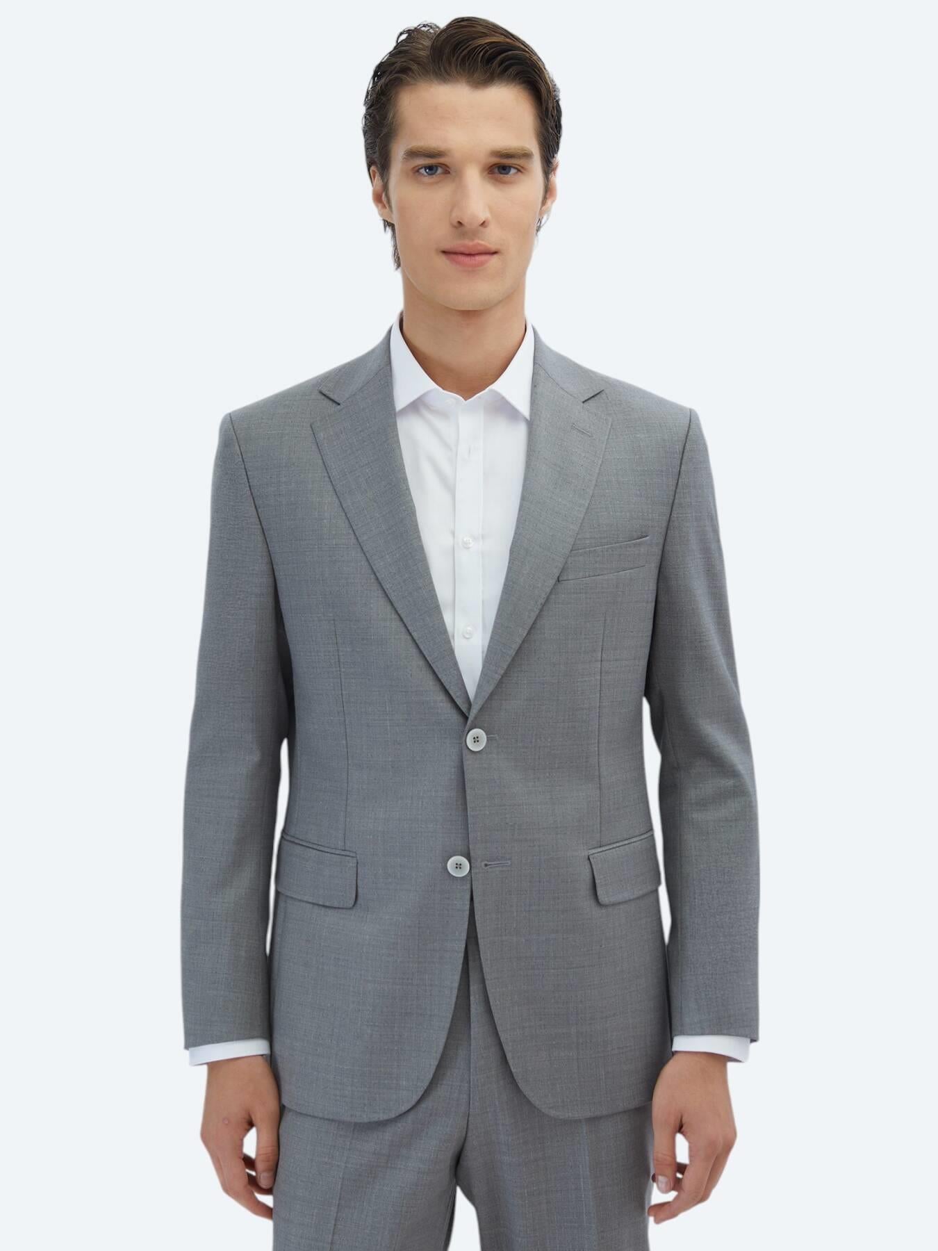 Gri Desenli Modern Fit Yün Karışımlı Takım Elbise