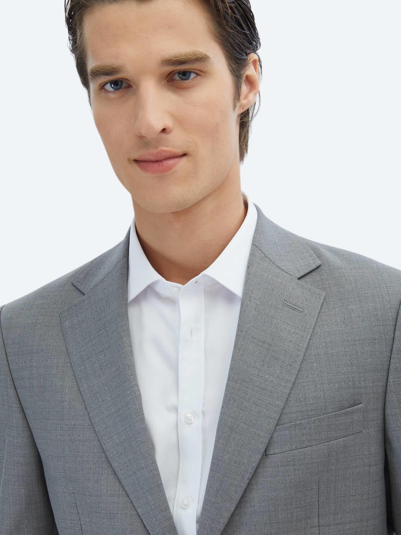 Gri Desenli Modern Fit Yün Karışımlı Takım Elbise