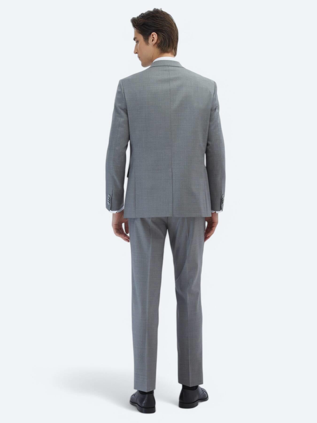 Gri Desenli Modern Fit Yün Karışımlı Takım Elbise