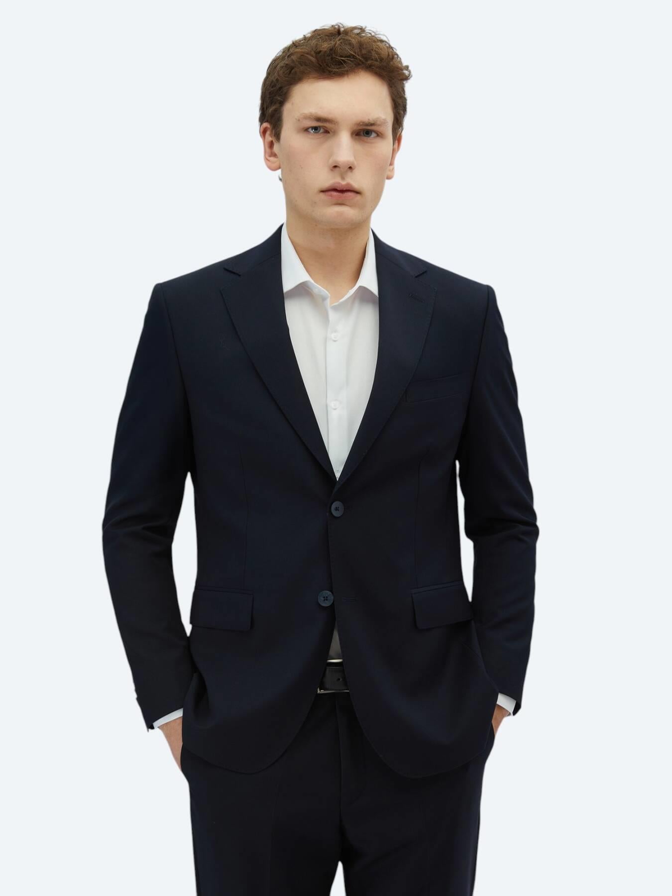 Lacivert Desenli Modern Fit Yün Karışımlı Takım Elbise