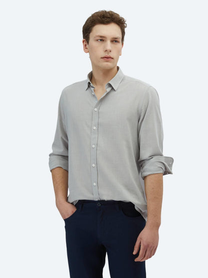 Açık Gri Düz Regular Fit Uzun Dokuma Casual %100 Pamuk Gömlek