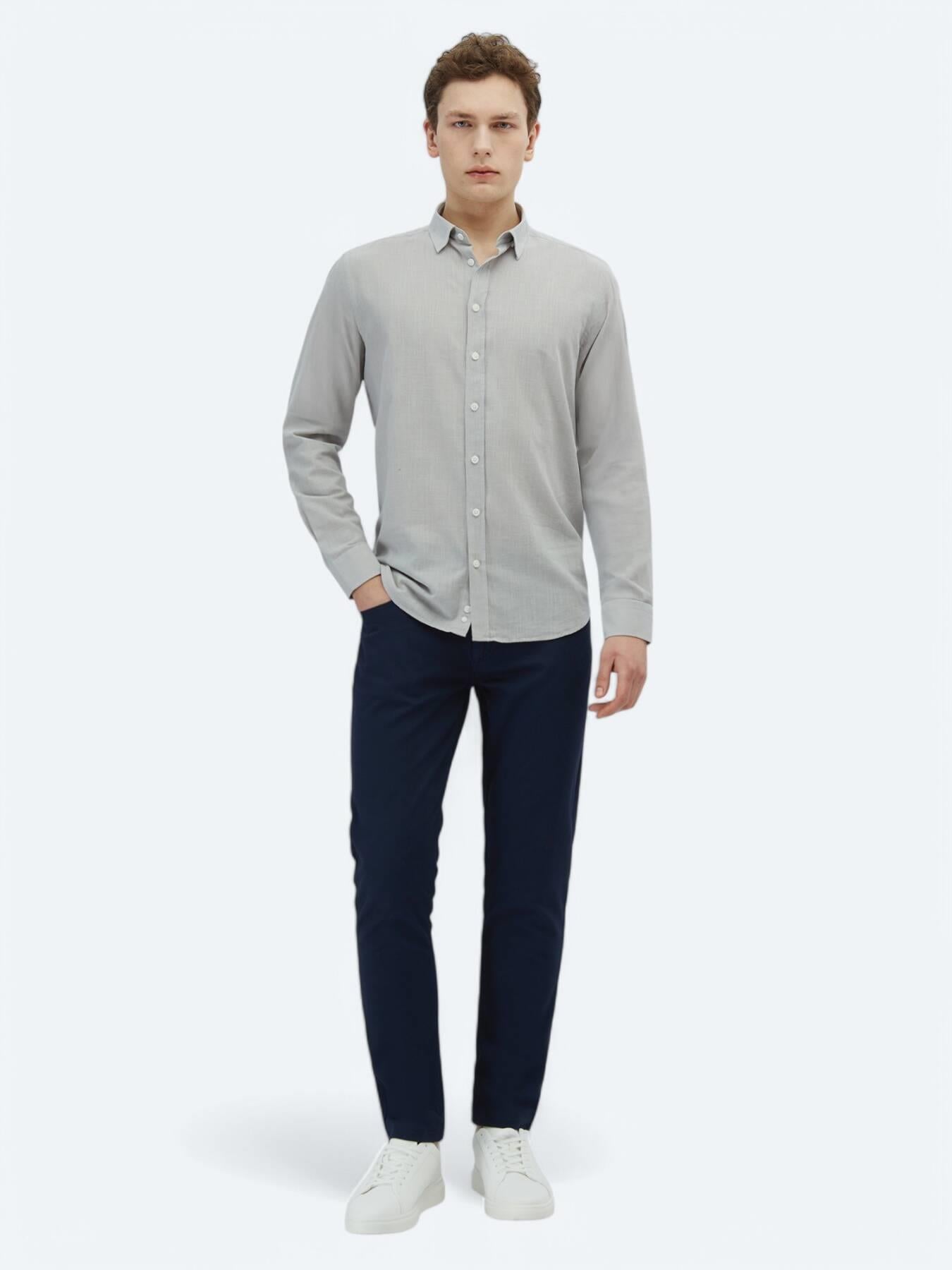 Açık Gri Düz Regular Fit Uzun Dokuma Casual %100 Pamuk Gömlek