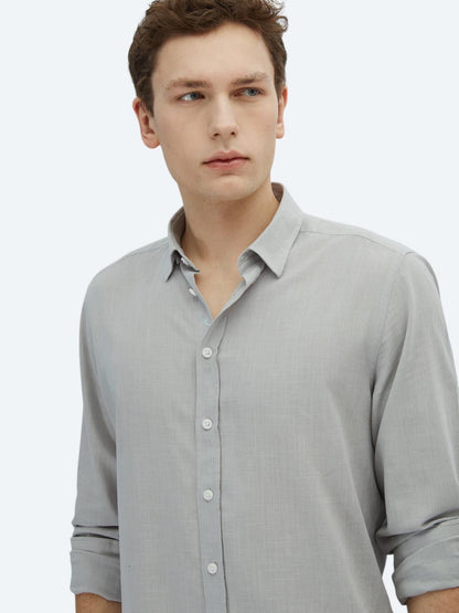 Açık Gri Düz Regular Fit Uzun Dokuma Casual %100 Pamuk Gömlek