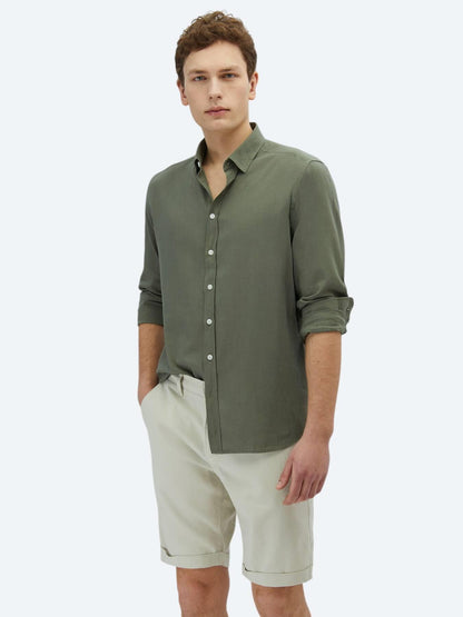 Haki Düz Regular Fit Uzun Dokuma Casual %100 Pamuk Gömlek