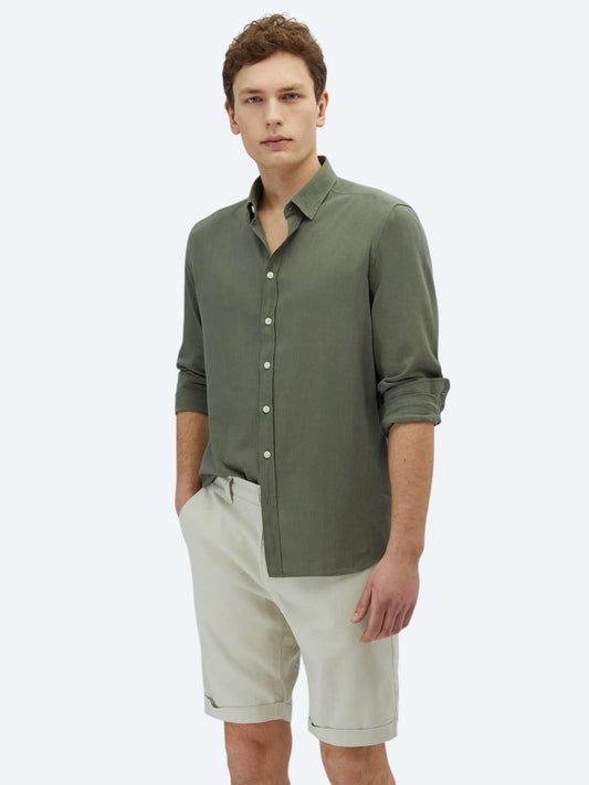 Haki Düz Regular Fit Uzun Dokuma Casual %100 Pamuk Gömlek