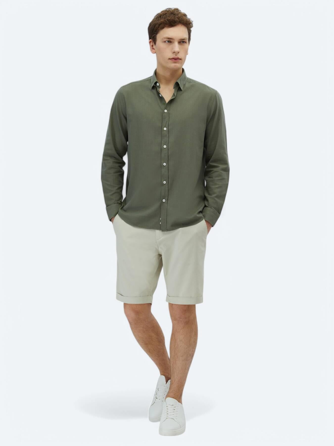 Haki Düz Regular Fit Uzun Dokuma Casual %100 Pamuk Gömlek