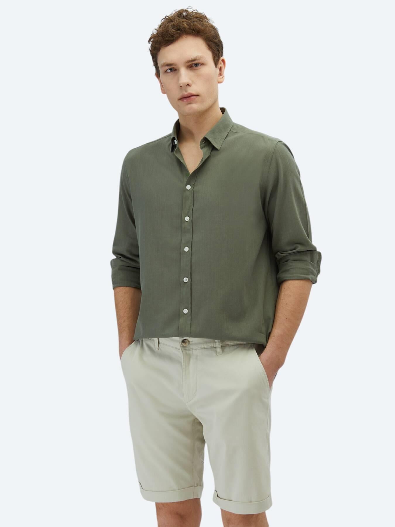 Haki Düz Regular Fit Uzun Dokuma Casual %100 Pamuk Gömlek