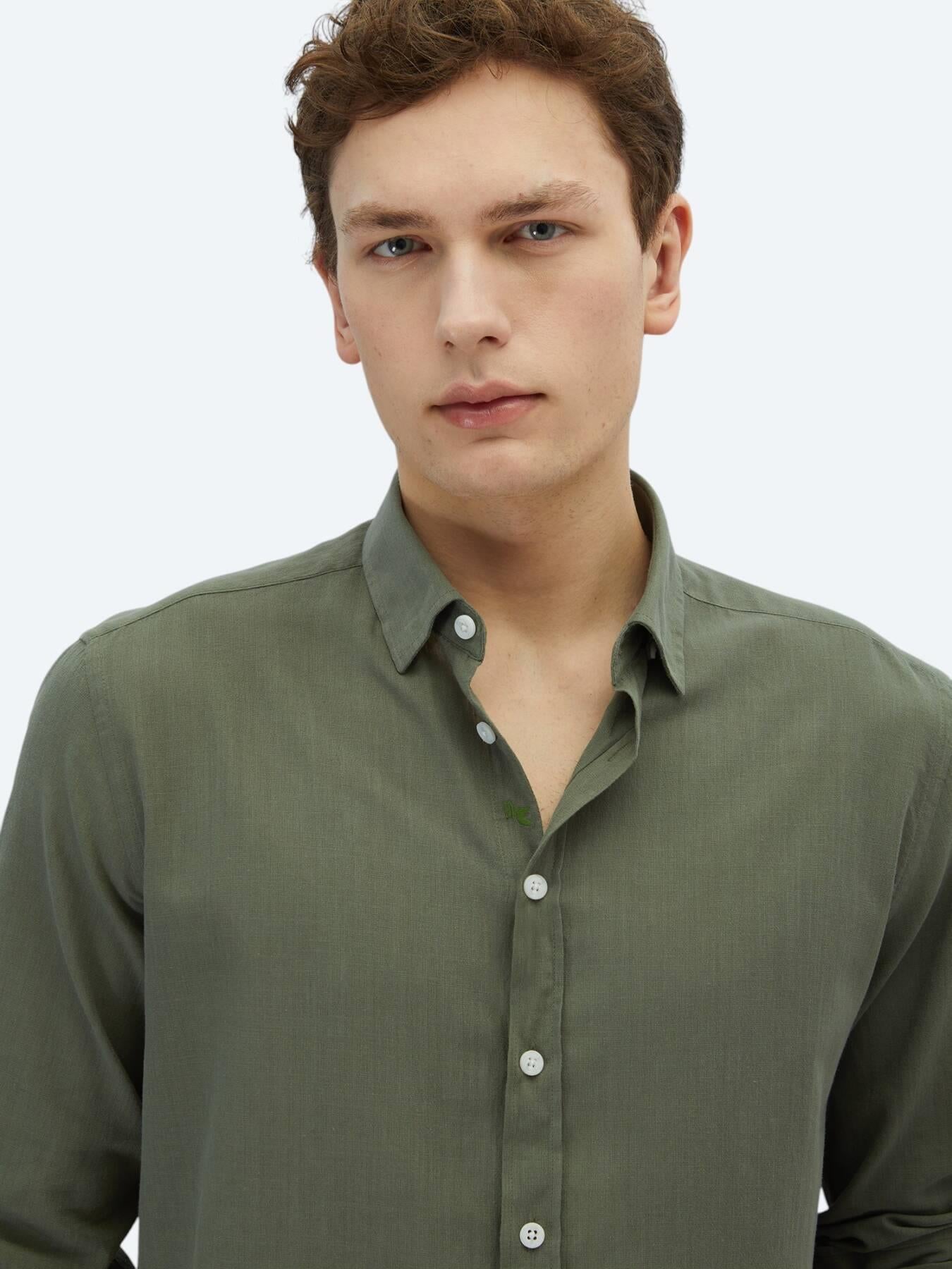 Haki Düz Regular Fit Uzun Dokuma Casual %100 Pamuk Gömlek