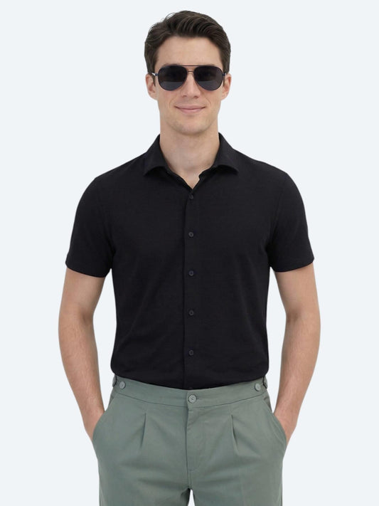 Siyah Düz Regular Fit Kısa Casual Gömlek