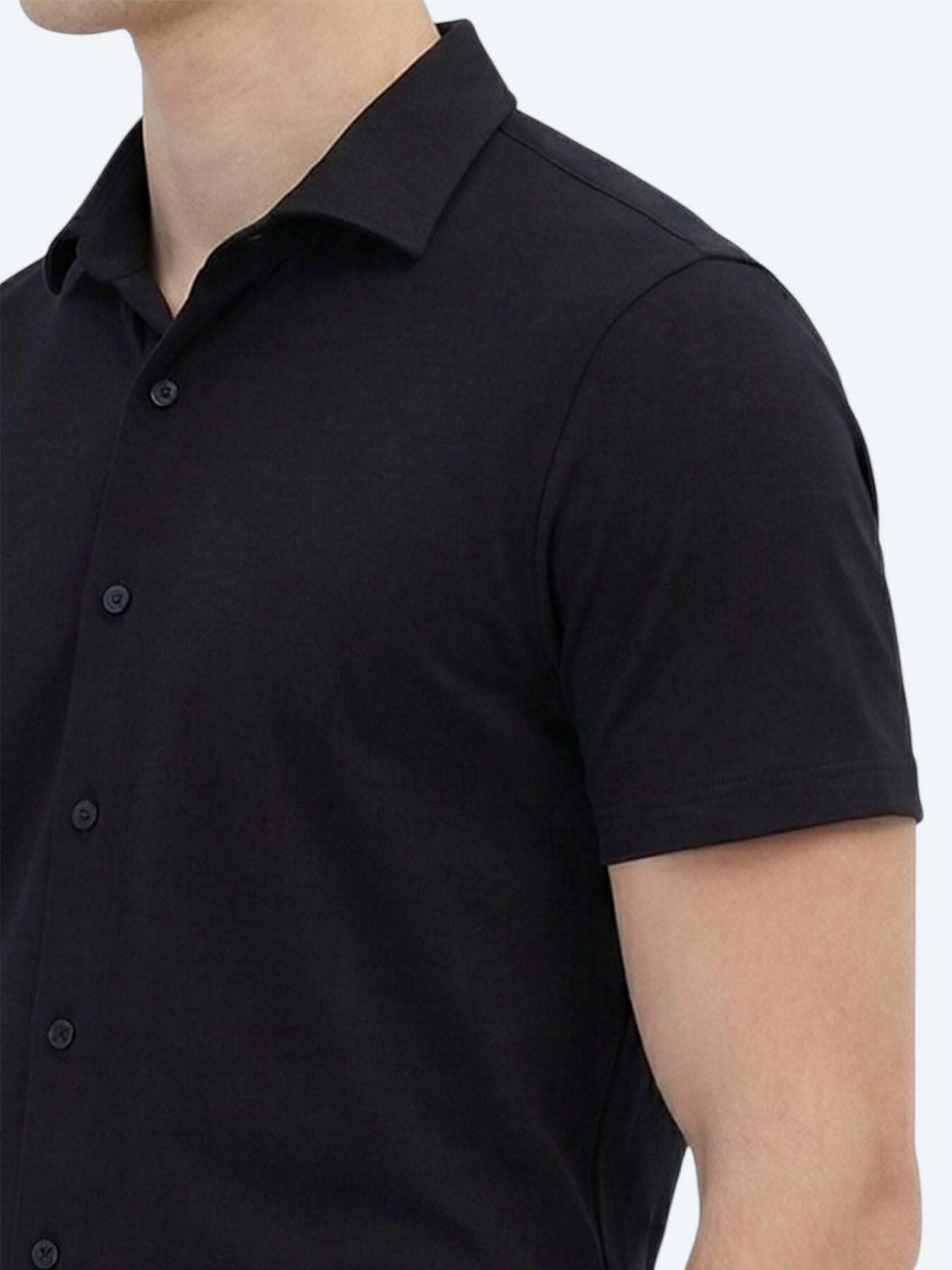 Siyah Düz Regular Fit Kısa Casual Gömlek