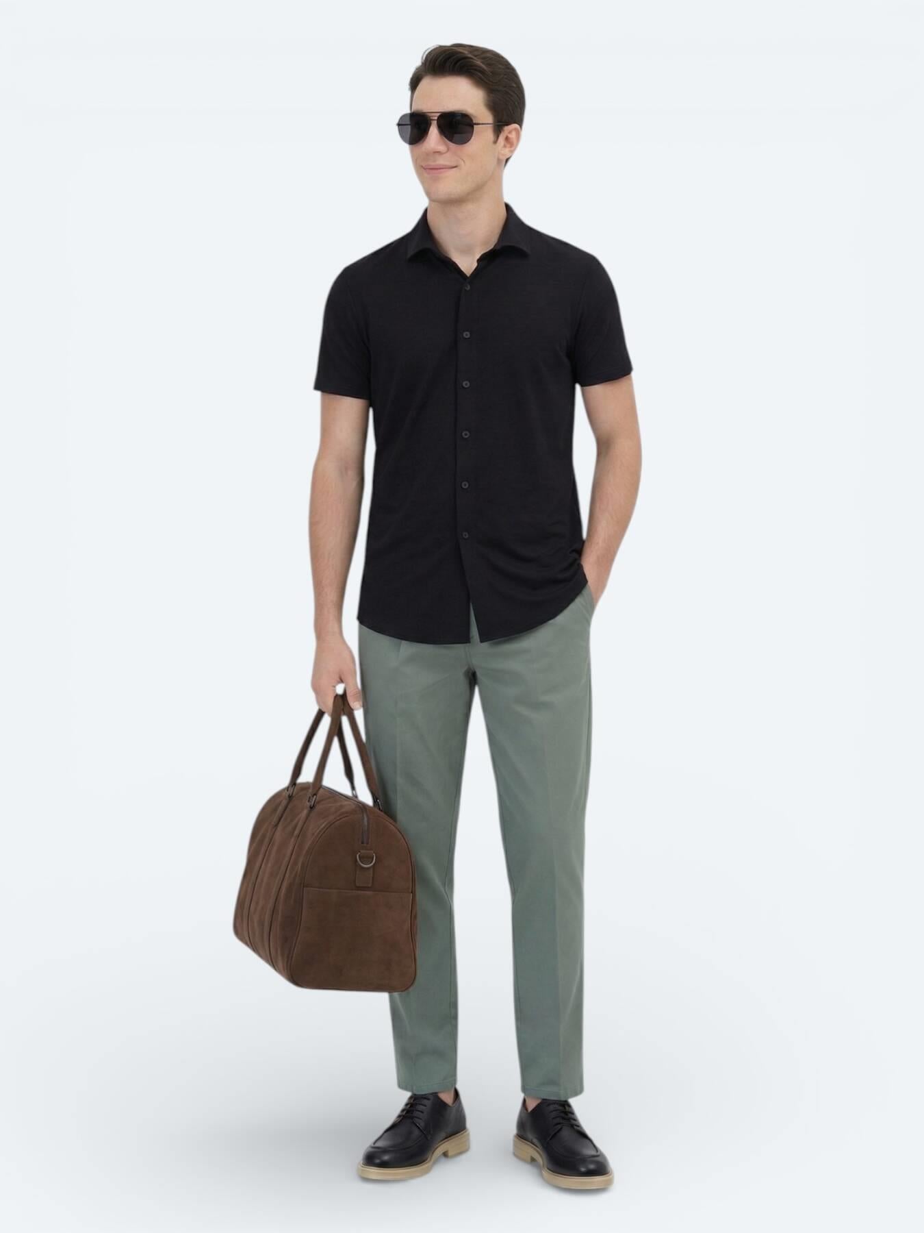 Siyah Düz Regular Fit Kısa Casual Gömlek