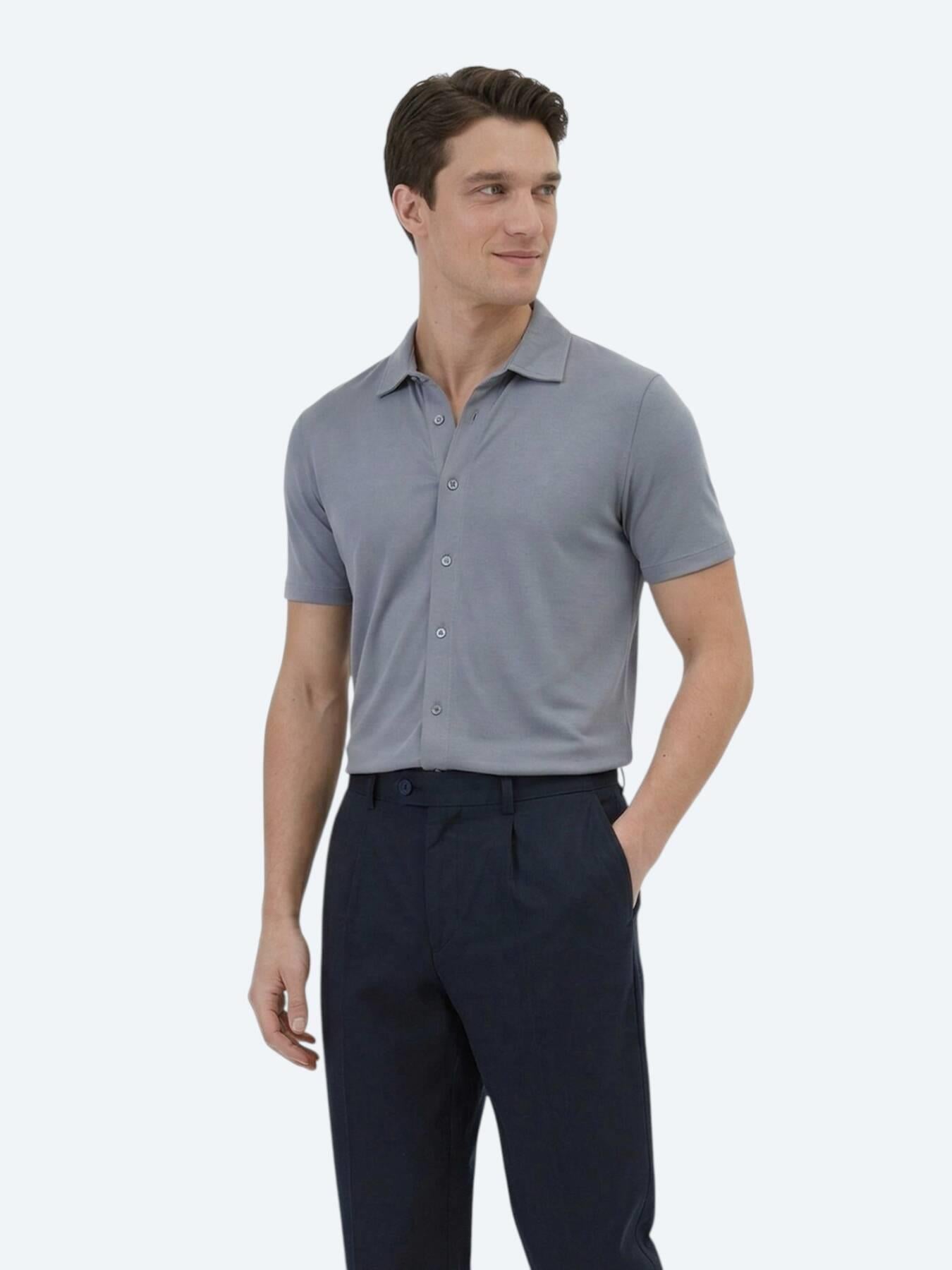 Gri Düz Regular Fit Kısa Casual Gömlek