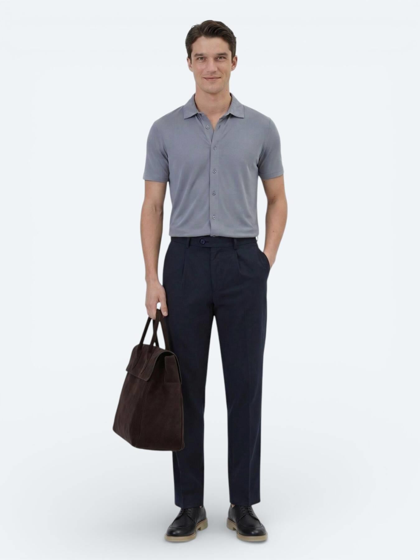 Gri Düz Regular Fit Kısa Casual Gömlek