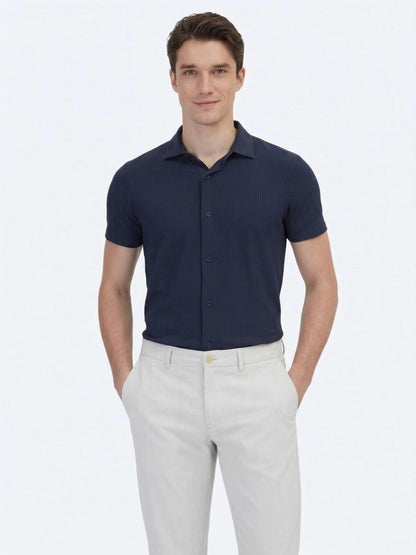 Lacivert Desenli Regular Fit Kısa Casual Gömlek