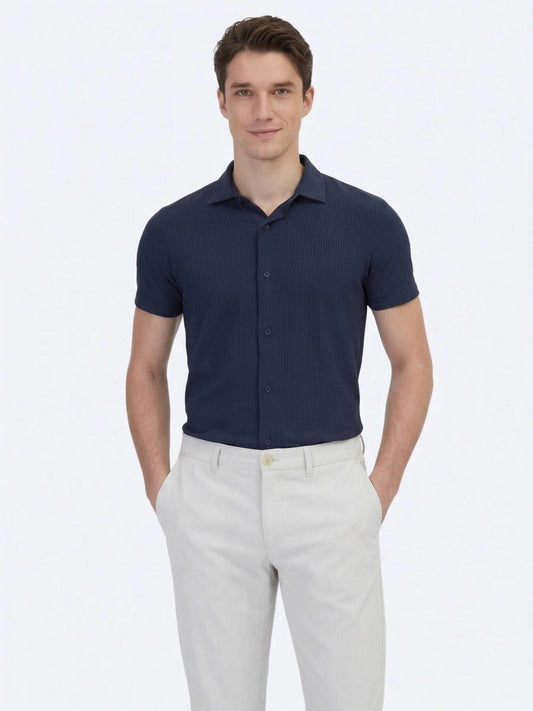 Lacivert Desenli Regular Fit Kısa Casual Gömlek