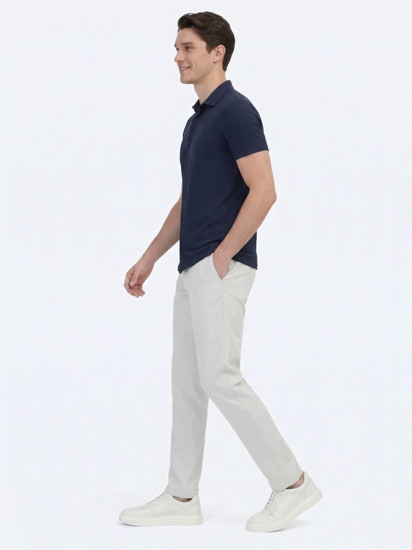 Lacivert Desenli Regular Fit Kısa Casual Gömlek
