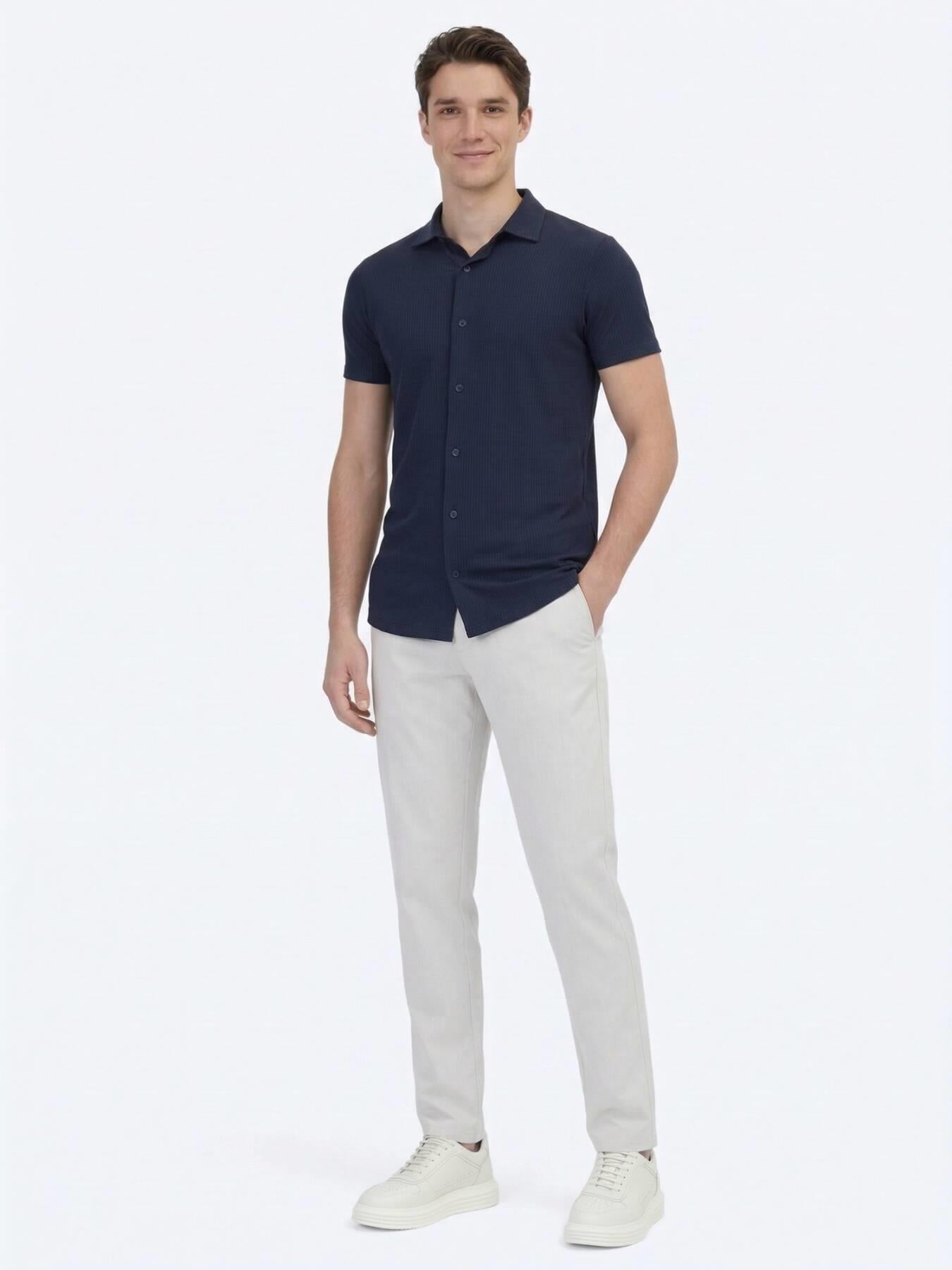 Lacivert Desenli Regular Fit Kısa Casual Gömlek
