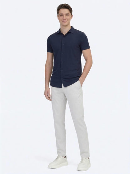 Lacivert Desenli Regular Fit Kısa Casual Gömlek