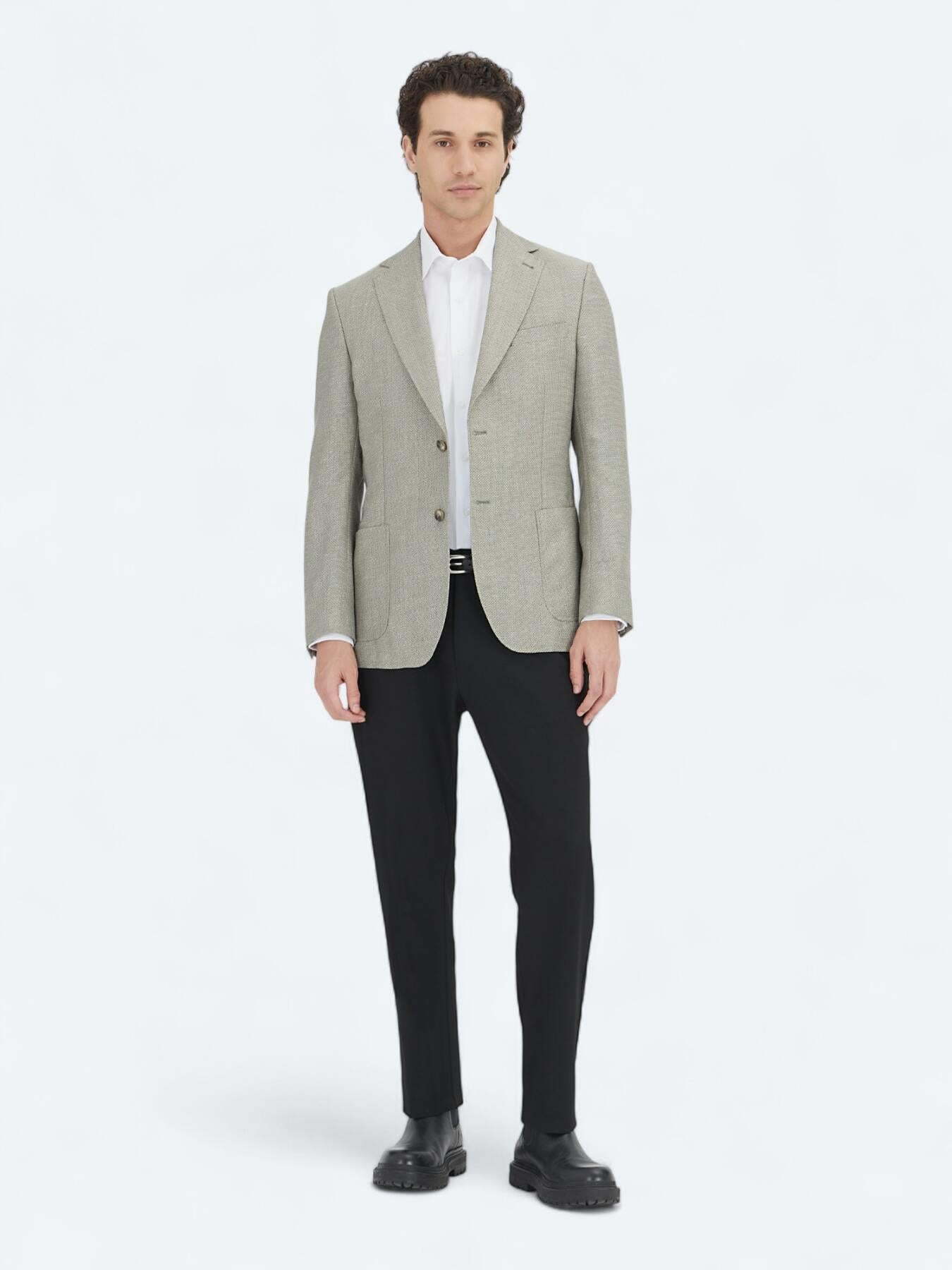 Haki Düz Modern Fit Yün Karışımlı Ceket