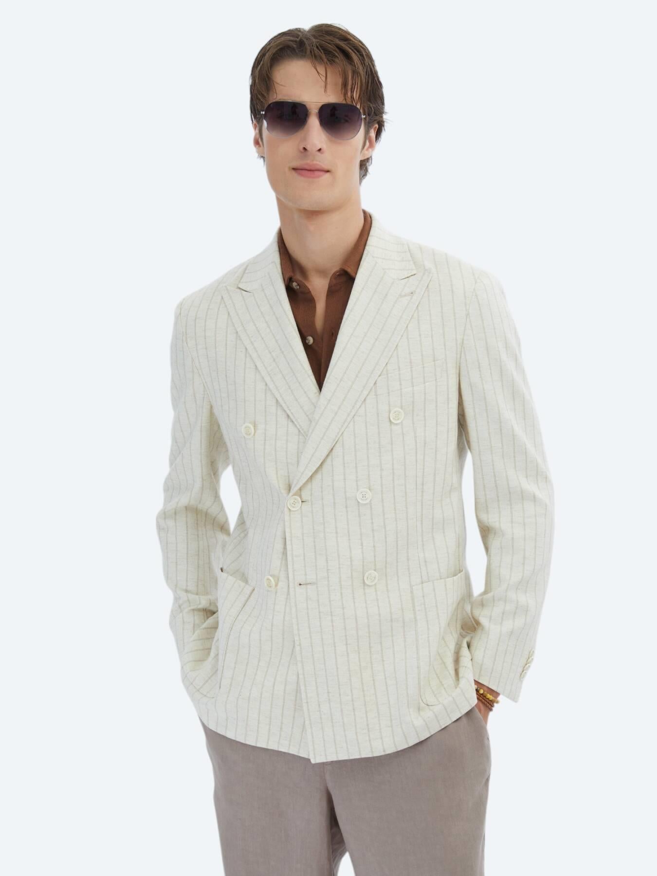 Bej Çizgili Modern Fit Keten Karışımlı Ceket