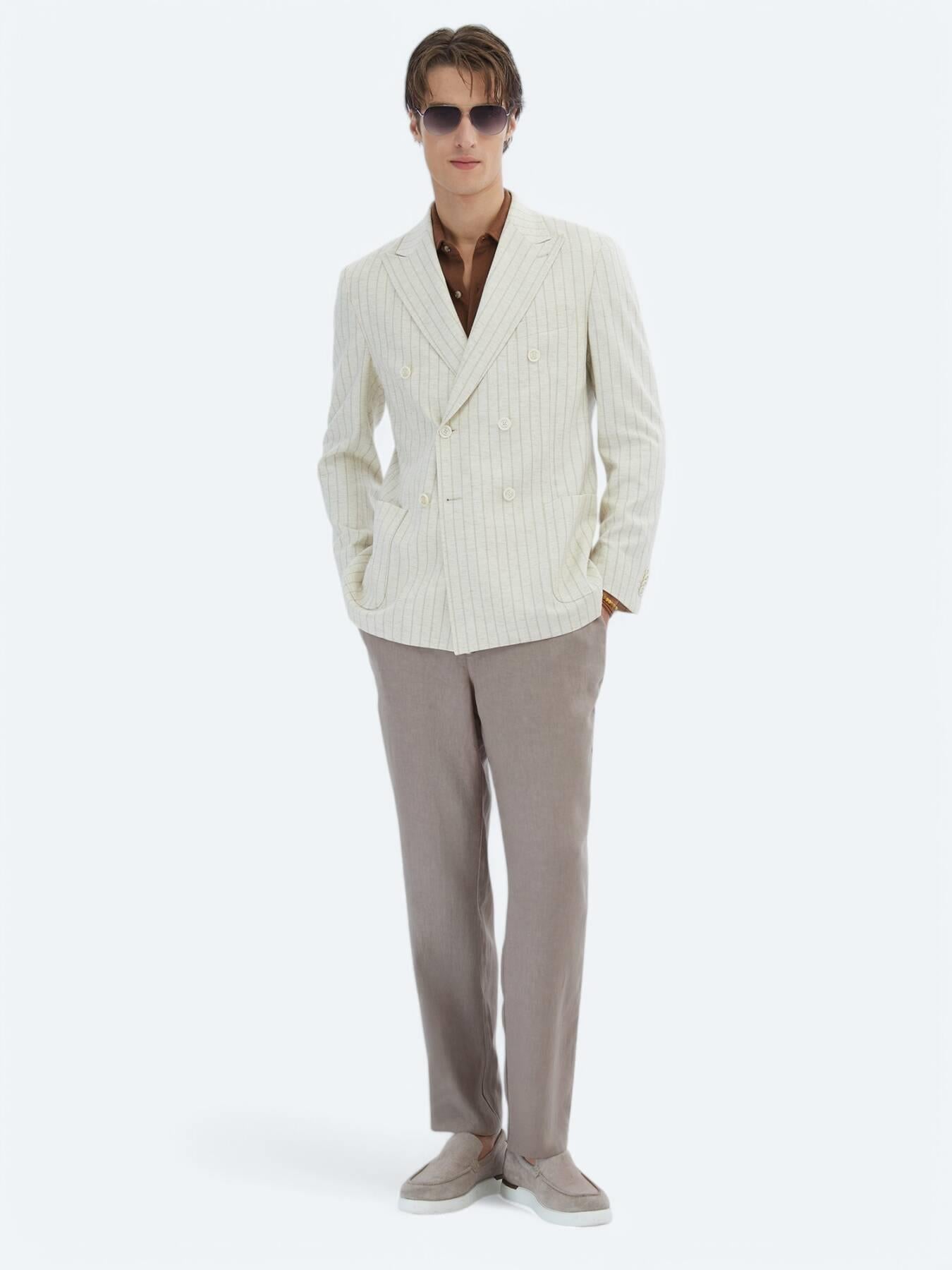 Bej Çizgili Modern Fit Keten Karışımlı Ceket