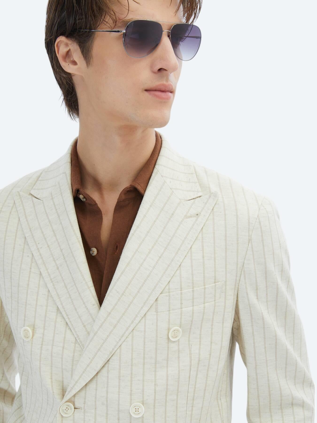 Bej Çizgili Modern Fit Keten Karışımlı Ceket