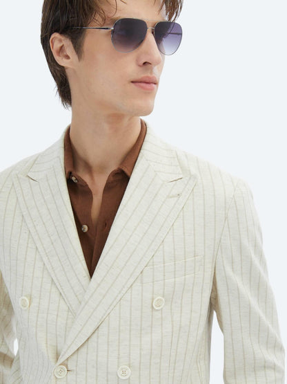 Bej Çizgili Modern Fit Keten Karışımlı Ceket