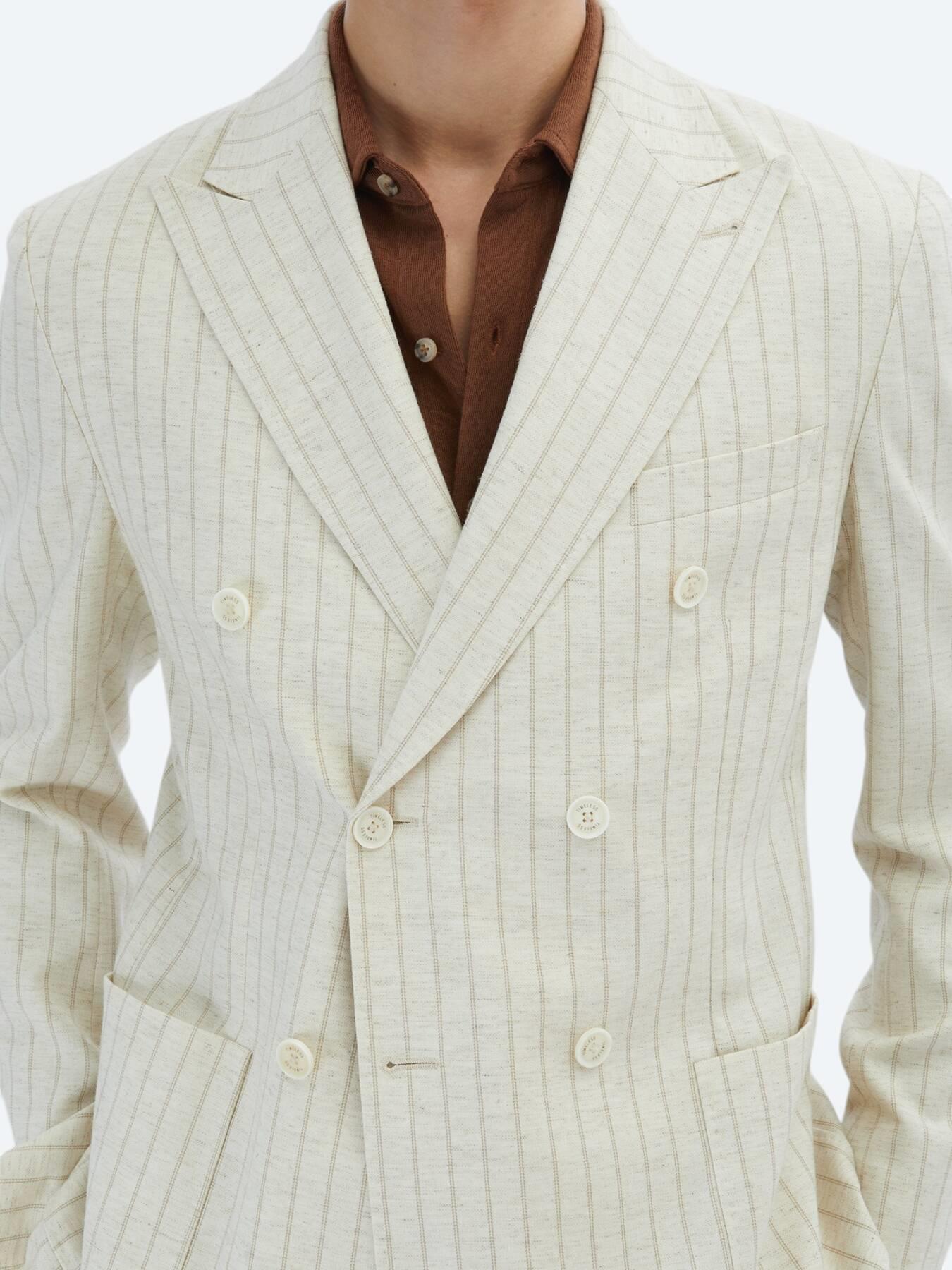 Bej Çizgili Modern Fit Keten Karışımlı Ceket