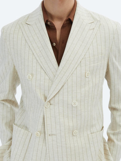 Bej Çizgili Modern Fit Keten Karışımlı Ceket