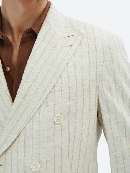 Bej Çizgili Modern Fit Keten Karışımlı Ceket