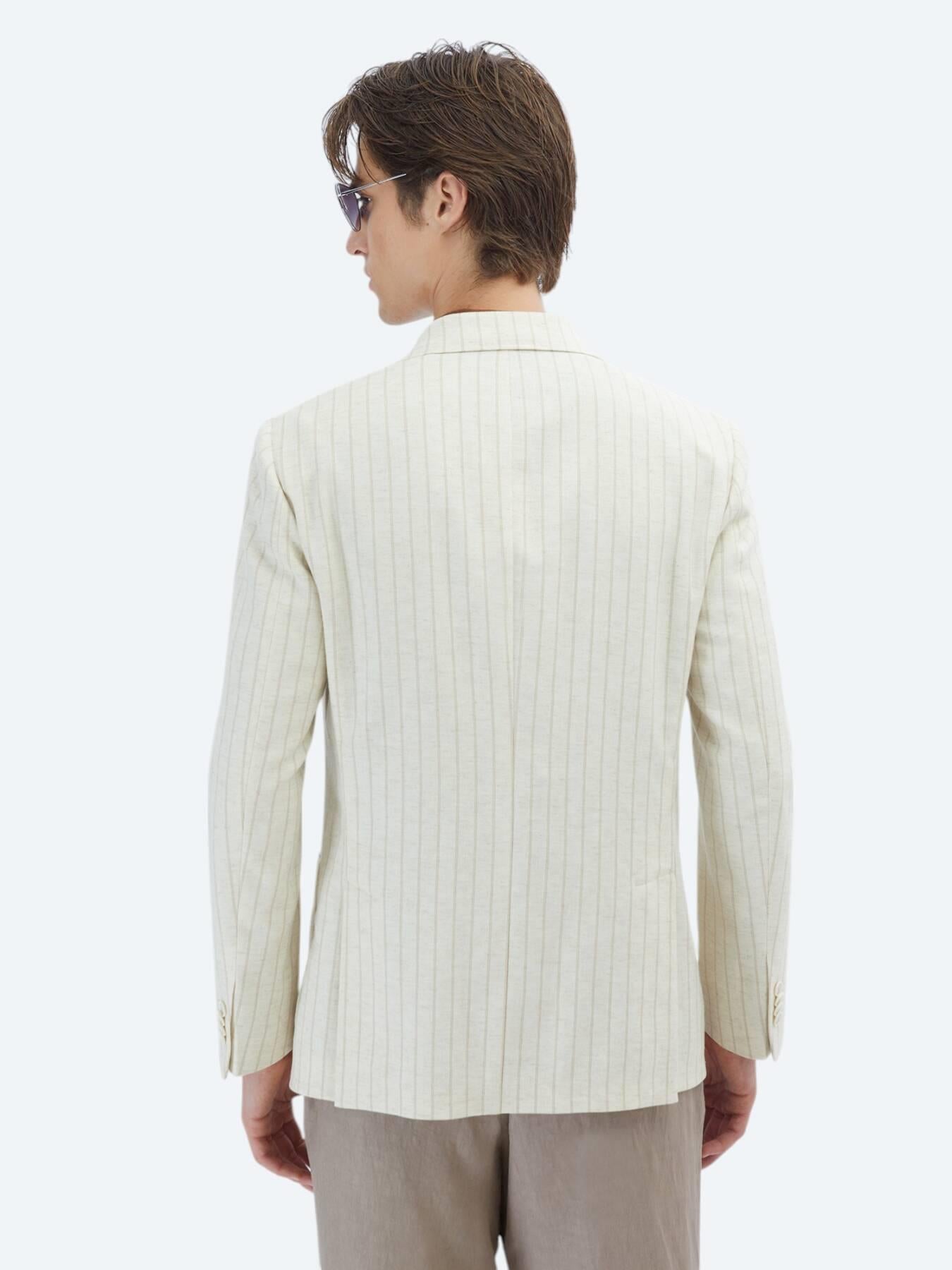Bej Çizgili Modern Fit Keten Karışımlı Ceket