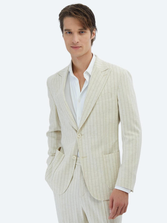Bej Çizgili Comfort Fit Keten Karışımlı Takım Elbise