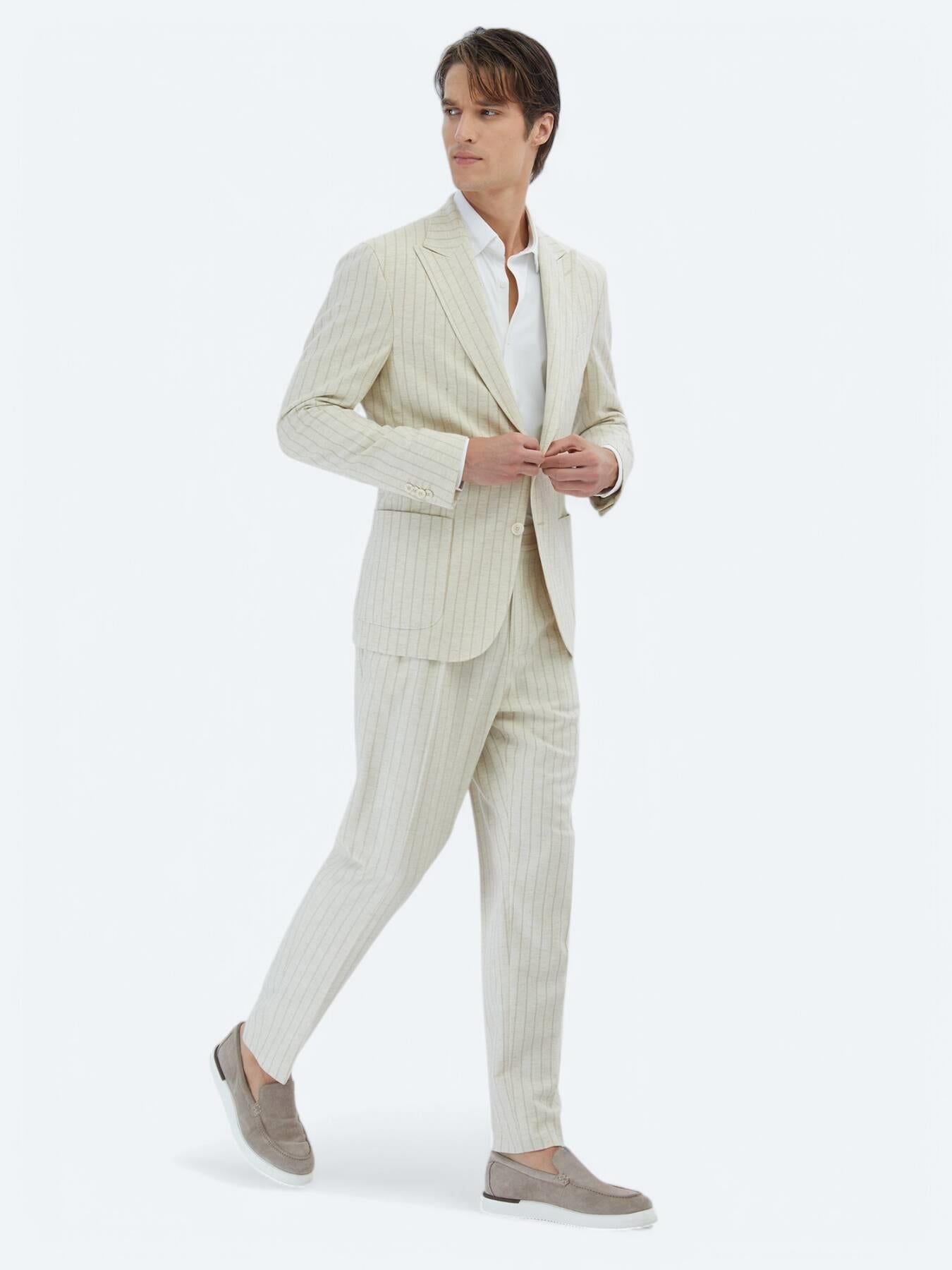 Bej Çizgili Comfort Fit Keten Karışımlı Takım Elbise