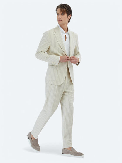 Bej Çizgili Comfort Fit Keten Karışımlı Takım Elbise