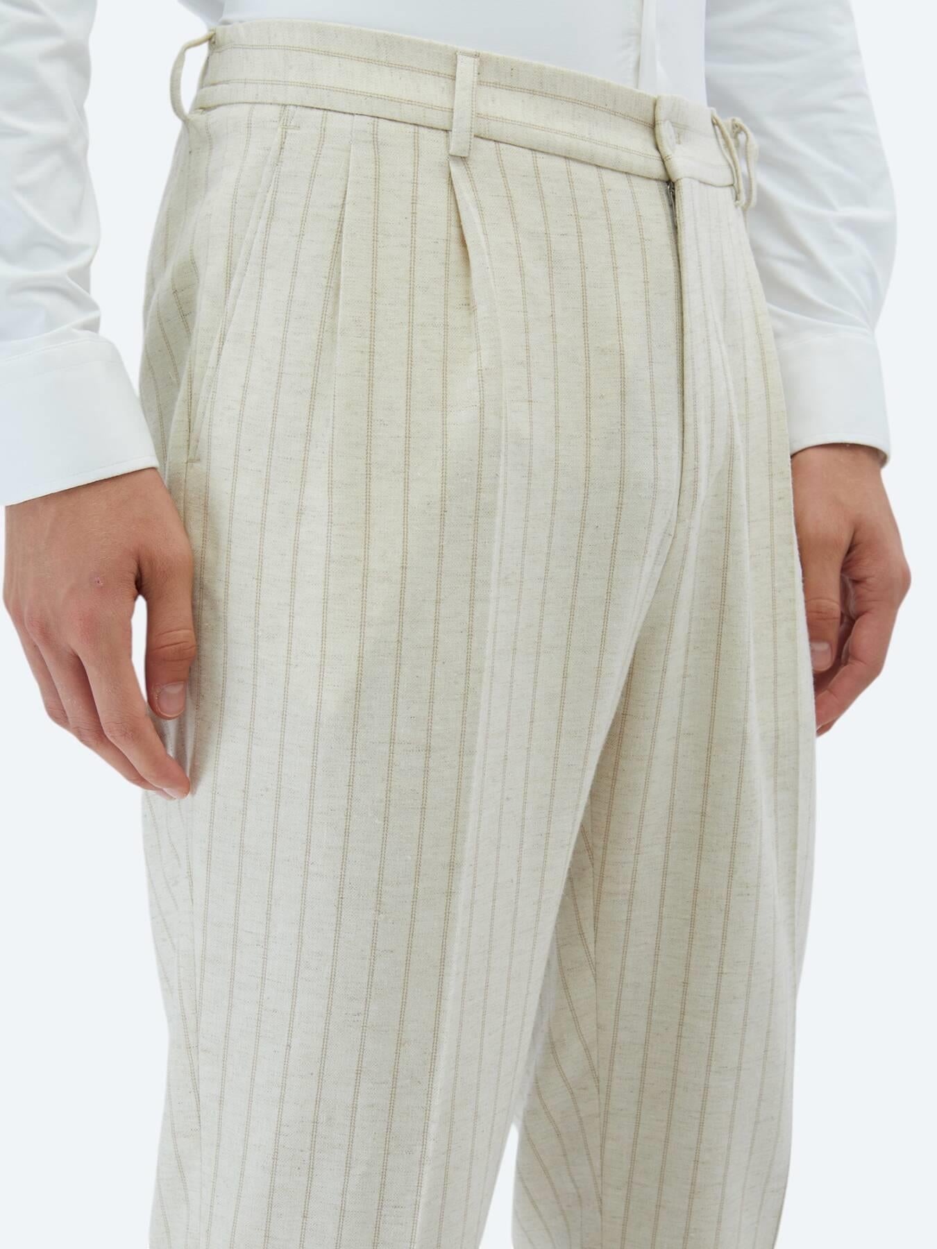 Bej Çizgili Comfort Fit Keten Karışımlı Takım Elbise